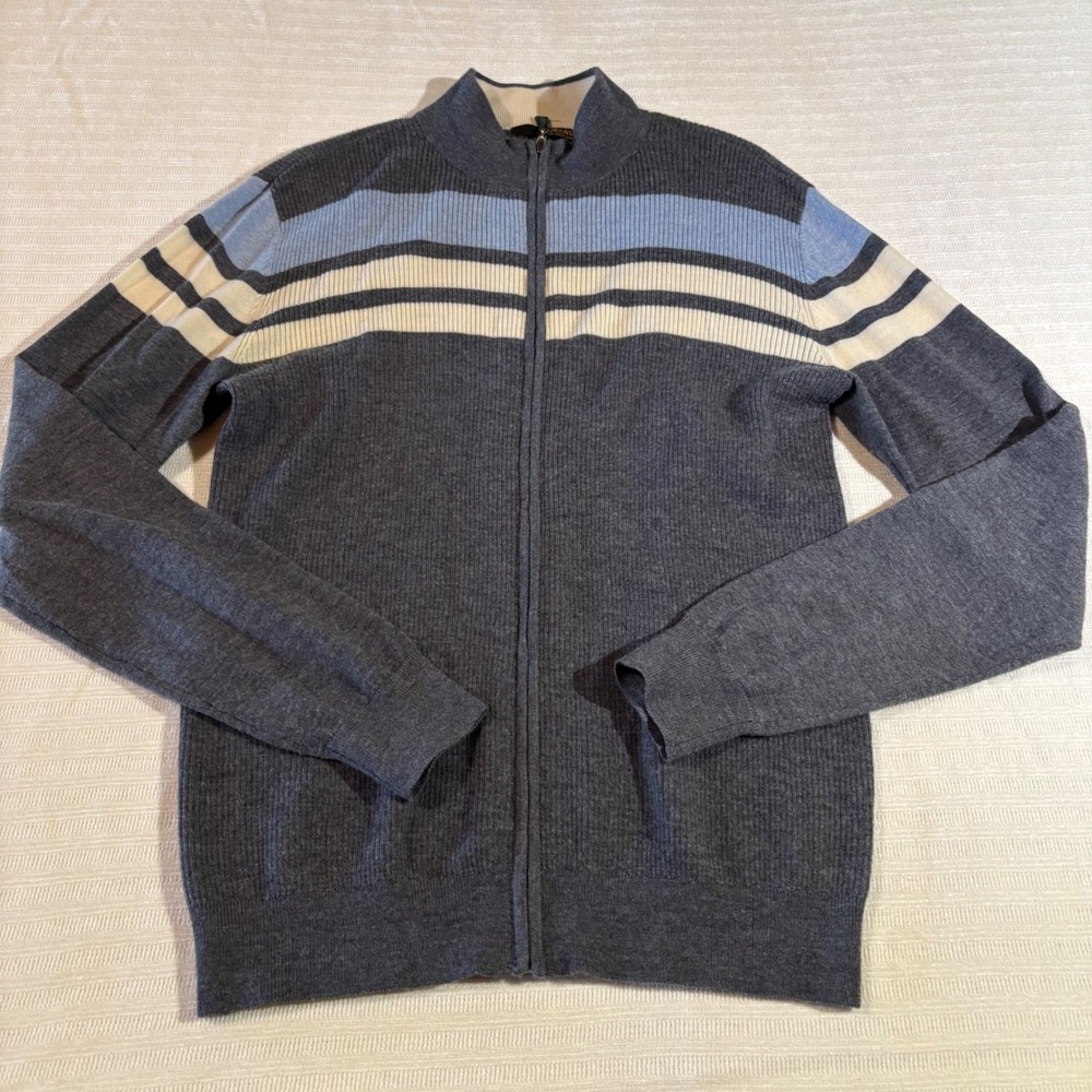 Murano Mens Full Zip Merino Wool Cardigan Sweater Grey Blue Striped Ribbed M